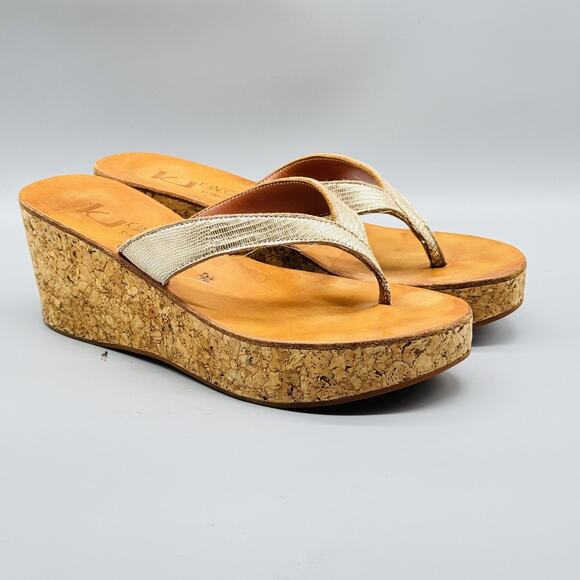 K Jacques St Tropez Sandals Womens 8 Gold Leather Wedge Platform Cork Thong Shoe - Picture 2 of 12